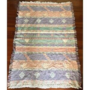 Vintage Pastel Aztec TAPESTRY BLANKET Throw Southwestern Cowgirl Western Cotton